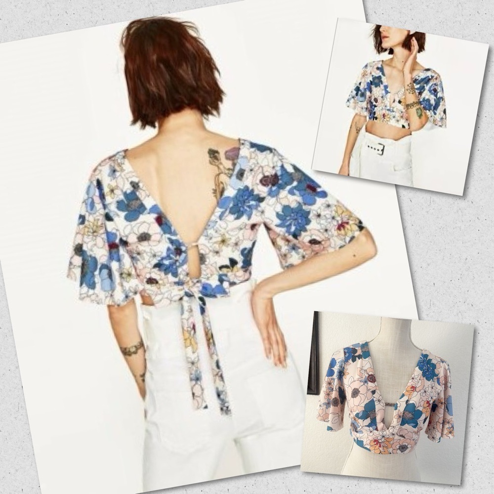 Zara Floral Crop Top Sizeโ S V-Neck Tie Back Flutter Sleeve Blue Peach Boho